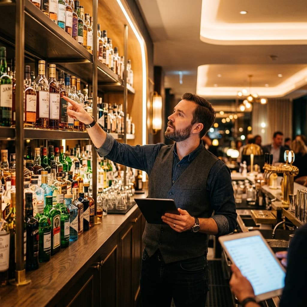 Bartender checking inventory
